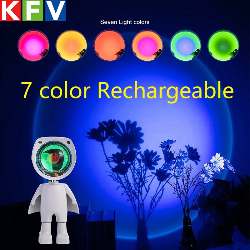 Sunset Lamp Projection - 宇宙飛行士ロボットレインボープロジェクションサンランプ、テーブルナイトライト、サンセットランプ、無限調光、寝室の雰囲気