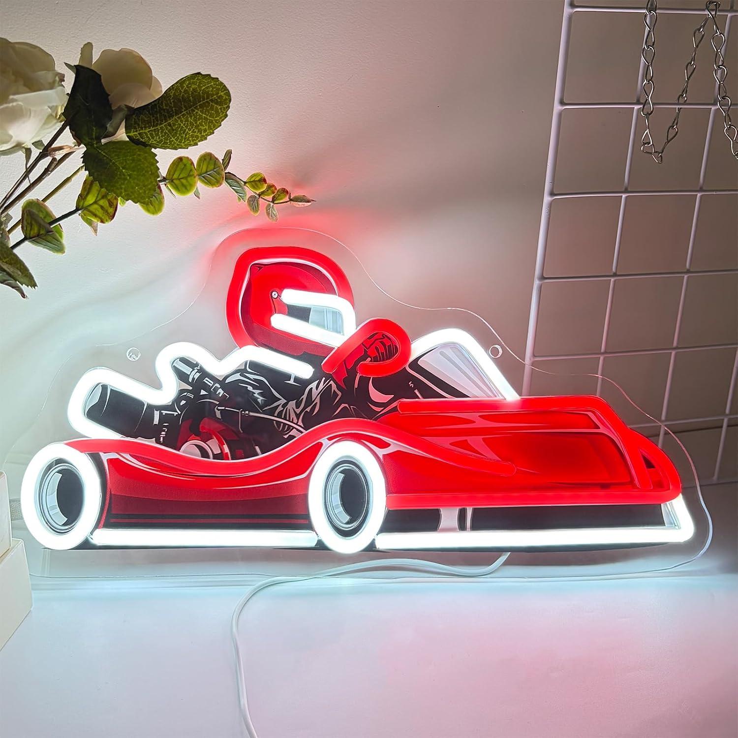 Decor Kart Lighting - ゴーカートレーサーネオンサインUSB調光LEDライト、ガレージ、男の子の部屋、ゲームルーム、バー、ティーンボーイズの寝室、パーティー、地下室の壁飾りに