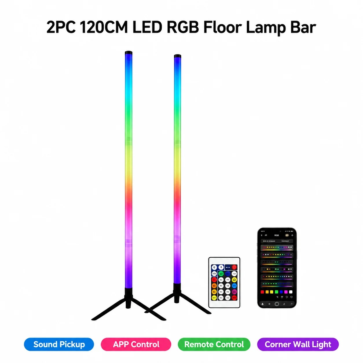 2パックRGB LEDコーナーフロアランプ、120CMサウン - Lighting Decor For Bedroom のレビューと価格