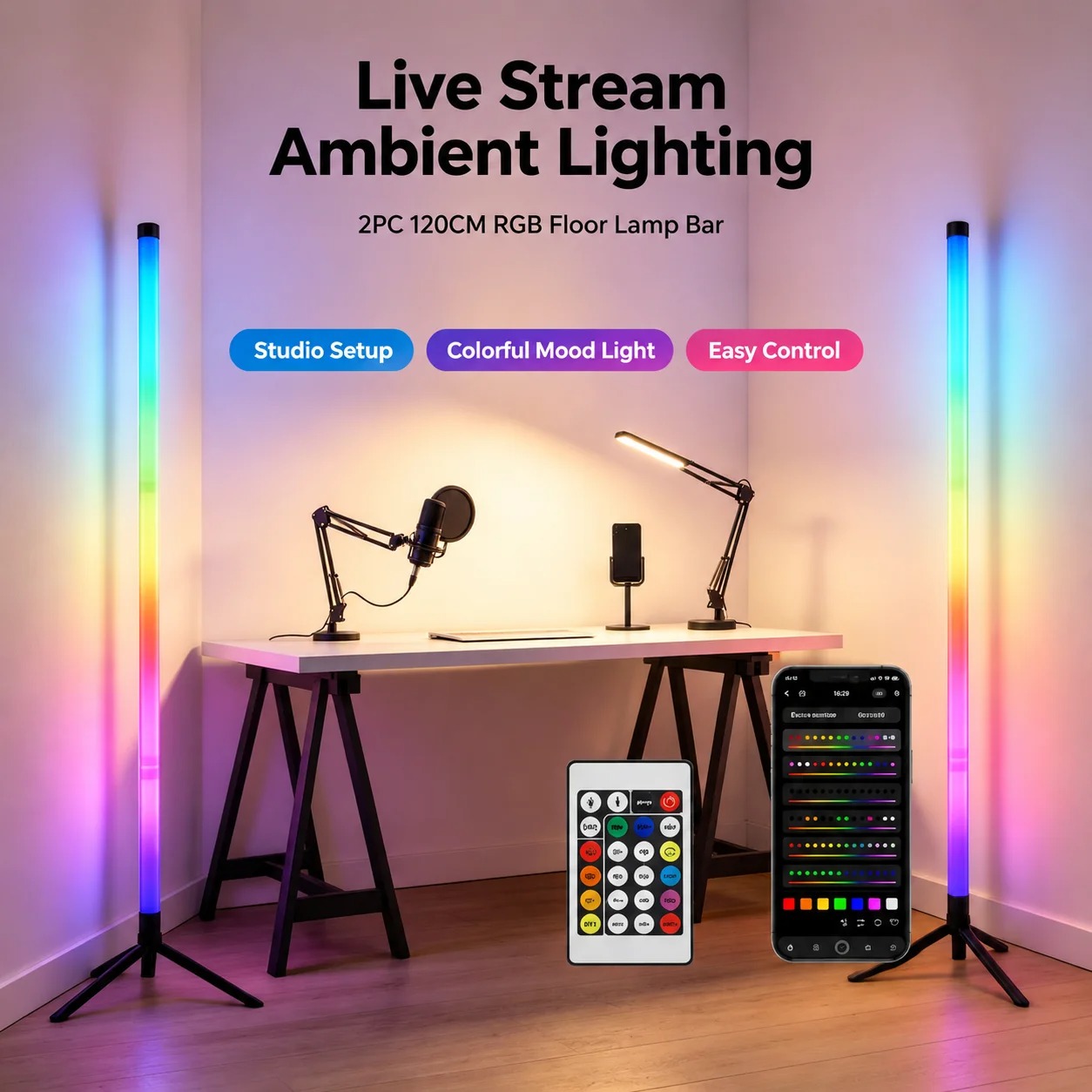 2パックRGB LEDコーナーフロアランプ、120CMサウン - Lighting Decor For Bedroom のレビューと価格