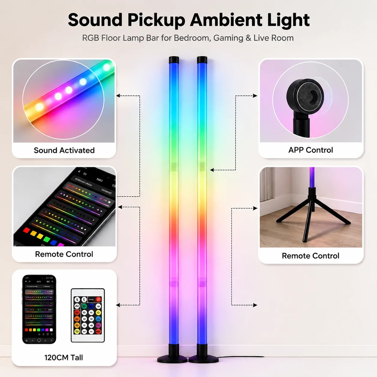 2パックRGB LEDコーナーフロアランプ、120CMサウン - Lighting Decor For Bedroom のレビューと価格