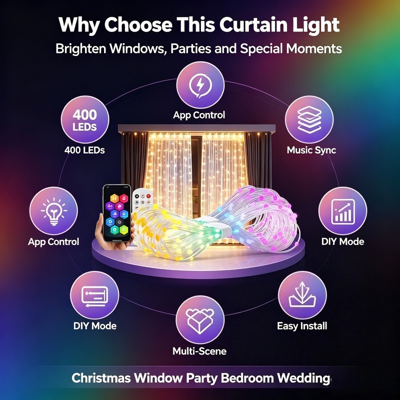 USB電源式アプリ制御LEDカーテンライト、クリスマス、窓、 - Lighting Decor For Bedroom のレビューと価格
